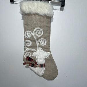 Ridgefield Home Beige White Reindeer Faux Fur Trim Holiday Christmas Stocking